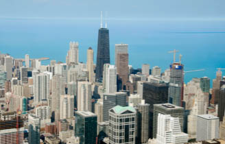 aerial view of the north end of Chicago's downtown skyline