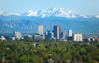 Denver Colorado skyscrapers snowy Longs Peak Rocky Mountains