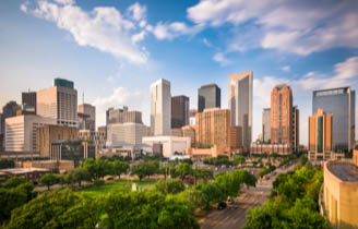 Houston Texas skyline and Memorial reflection