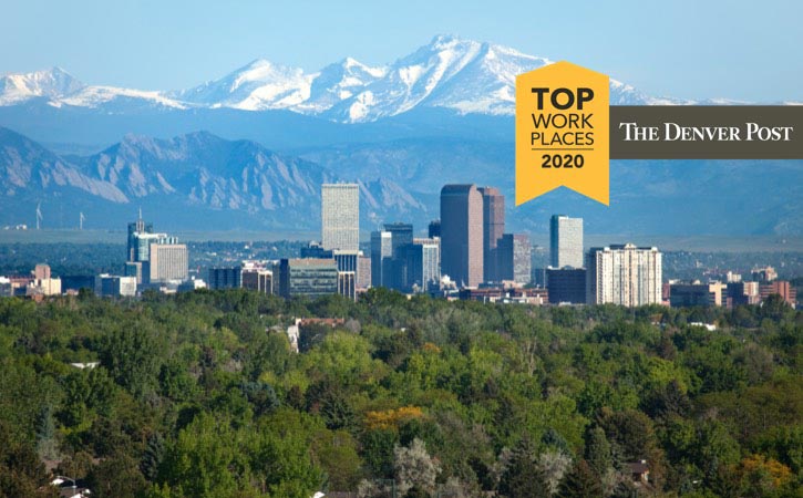 Denver Colorado skyscrapers snowy Longs Peak Rocky Mountains